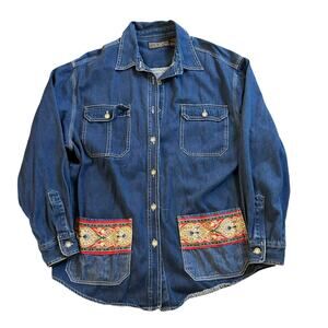 Y2K Denim Shirt Womens Size Large Button Up Boho Art to Wear Cottage Western